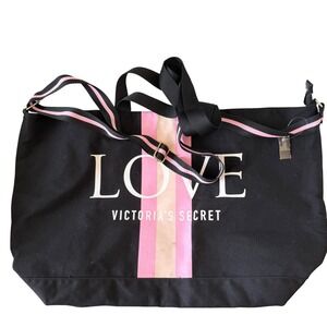 Victorias Secret Love Canvas Weekender Bag Black Pink Stripe Duffel Travel Tote